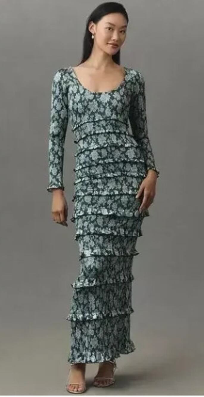 V. Chapman Lanie Maxi Dress Sz 2 Emerald Peony Floral Ruched Ruffle NWT